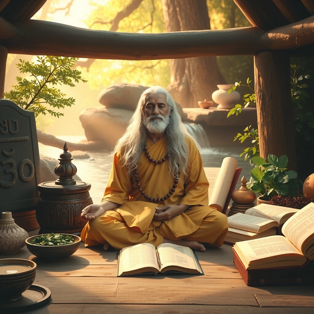 Ancient Indian rishi in meditation with sacred texts