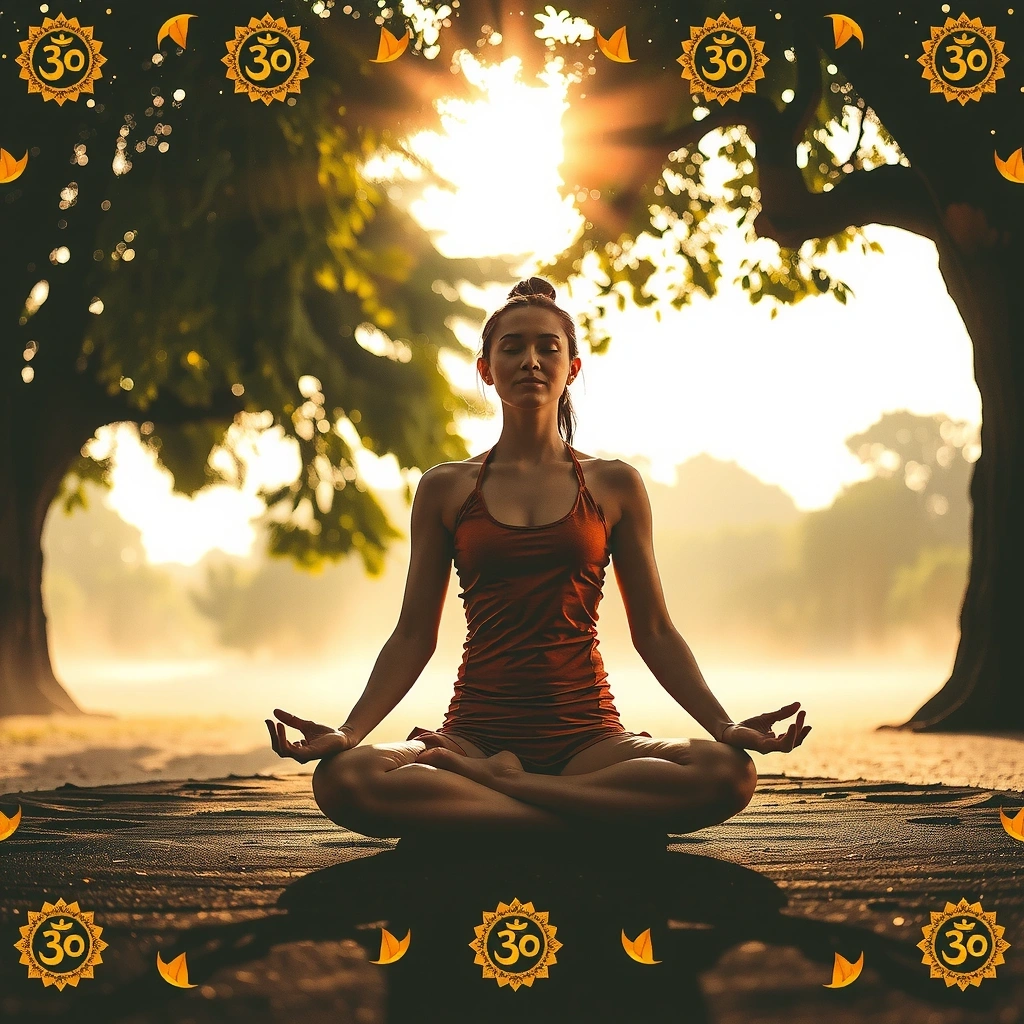 Serene yoga scene with ancient Indian spiritual symbols