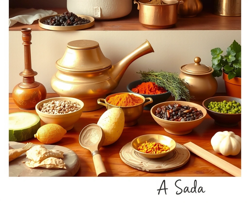 Beautiful traditional Indian kitchen scene with brass vessels, fresh spices, grains, and vegetables arranged on wooden surfaces, representing the art of Sattvic cooking and mindful food preparation