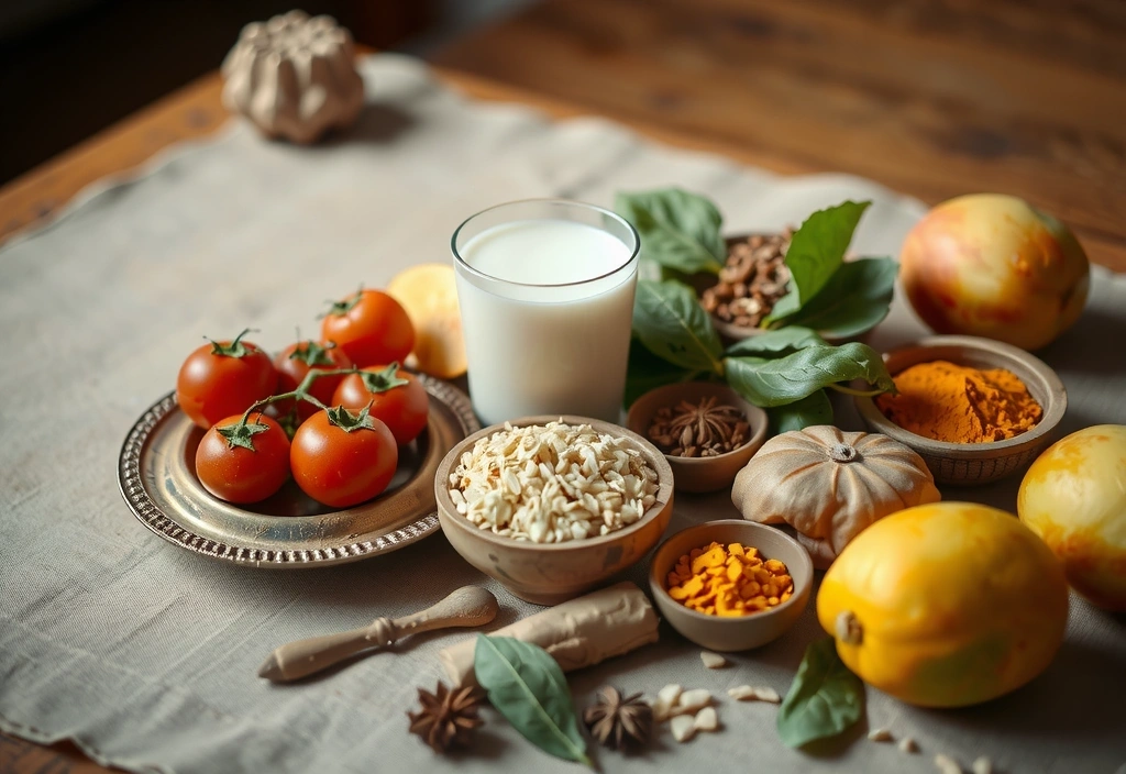 Fresh sattvic foods arranged in traditional Indian style - colorful vegetables, fruits, grains, and herbs creating a harmonious natural display