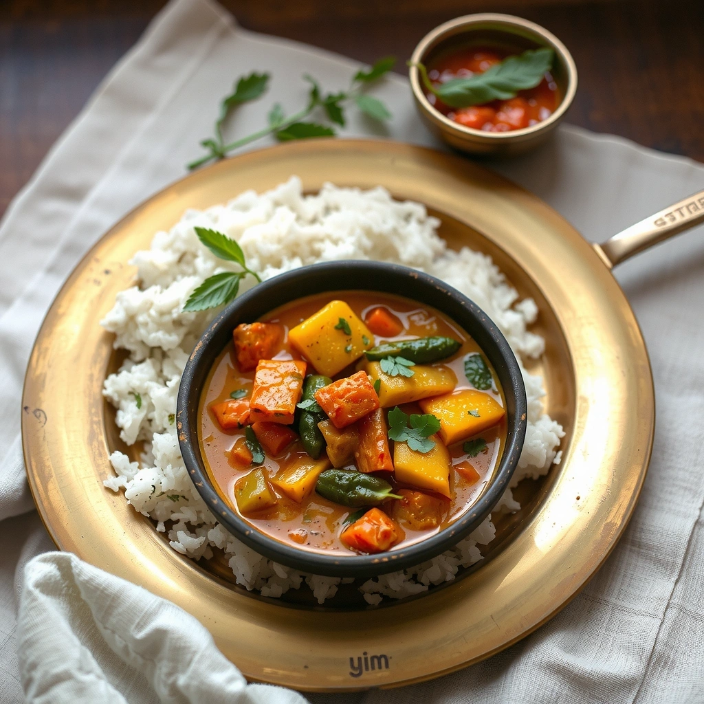 Colorful vegetable curry with coconut rice and fresh herbs