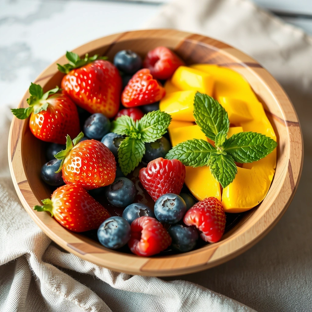 Colorful fresh fruit bowl with seasonal berries and tropical fruits