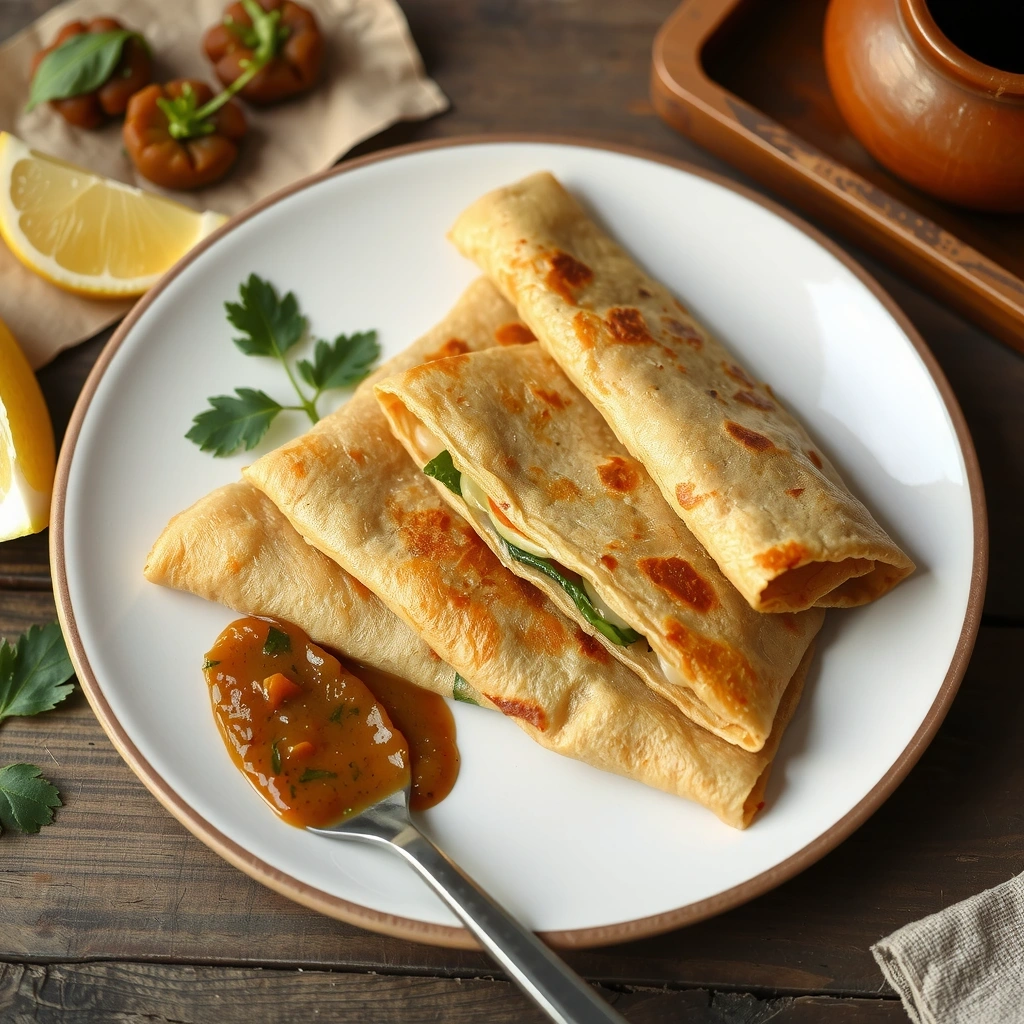 Delicious mung bean pancake crepes (chilla) with herbs