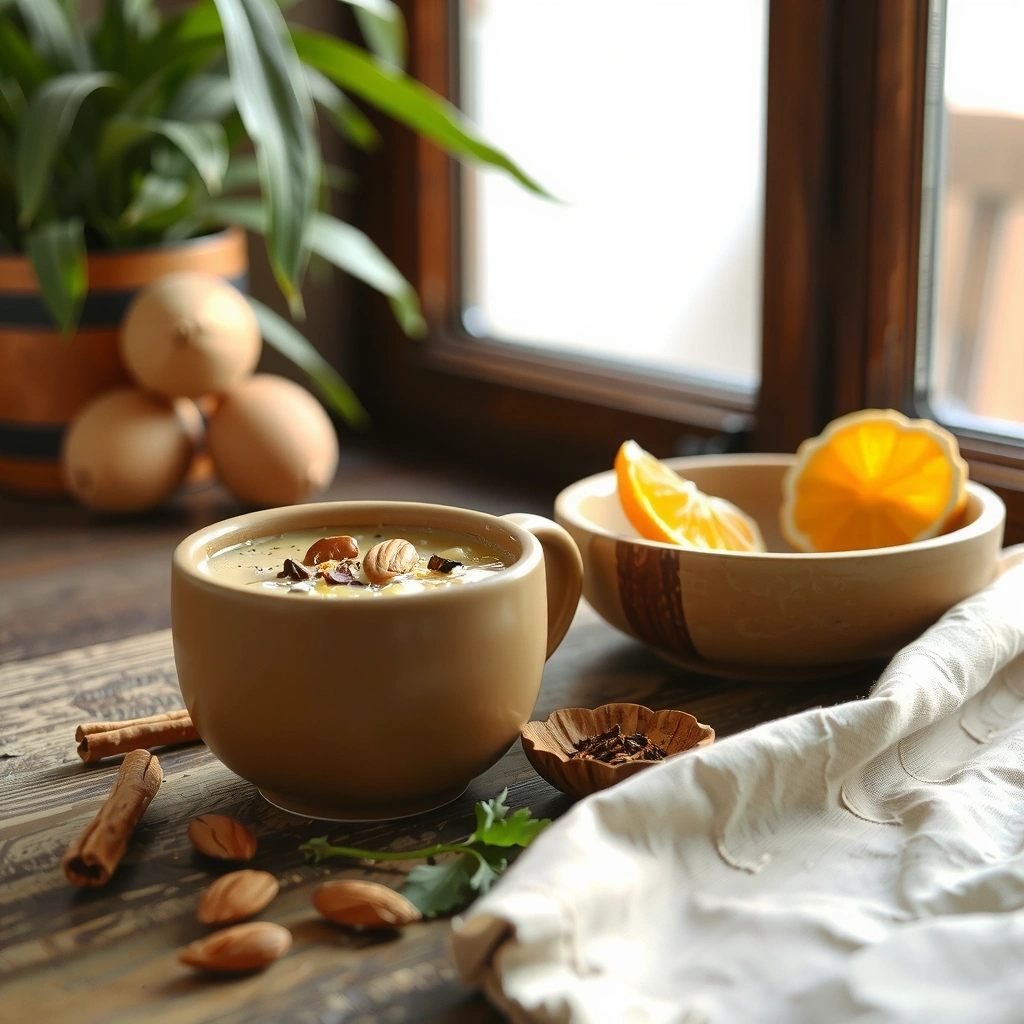 Golden herbal porridge with spices in an elegant bowl
