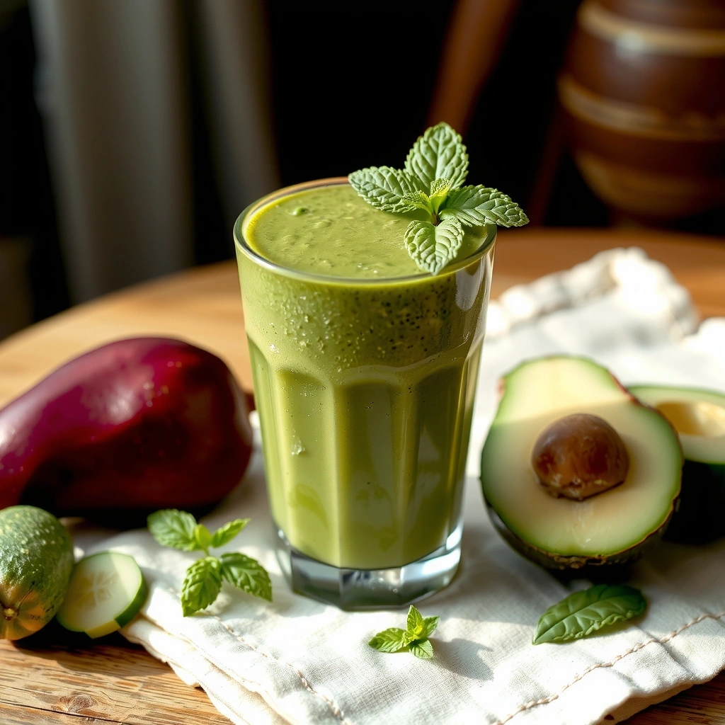 Green energizing smoothie with spinach, avocado and fruits
