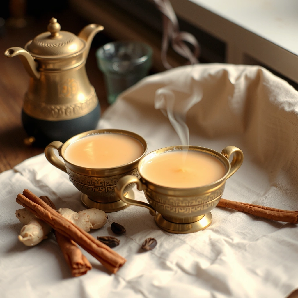 Masala chai tea with spices and steaming milk in traditional cups