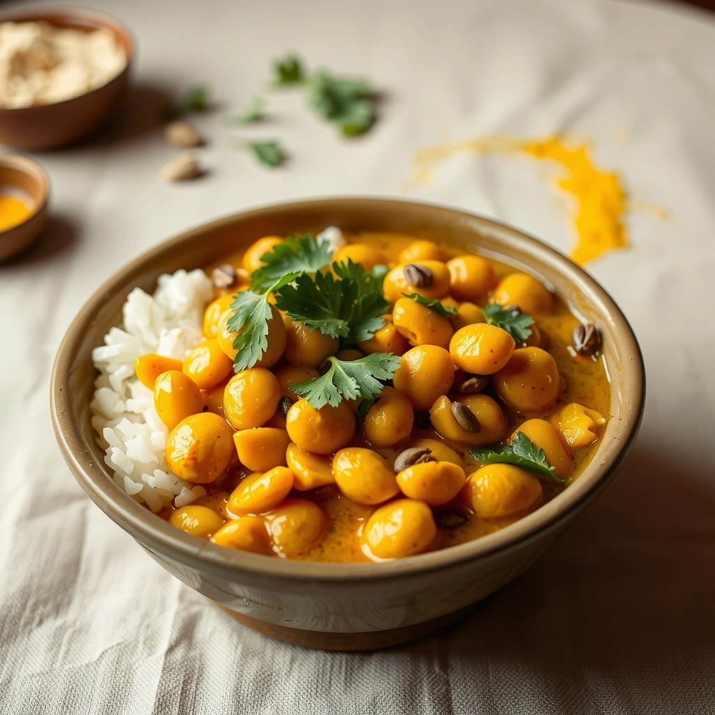 Traditional kitchari bowl with yellow lentils and rice garnished with spices