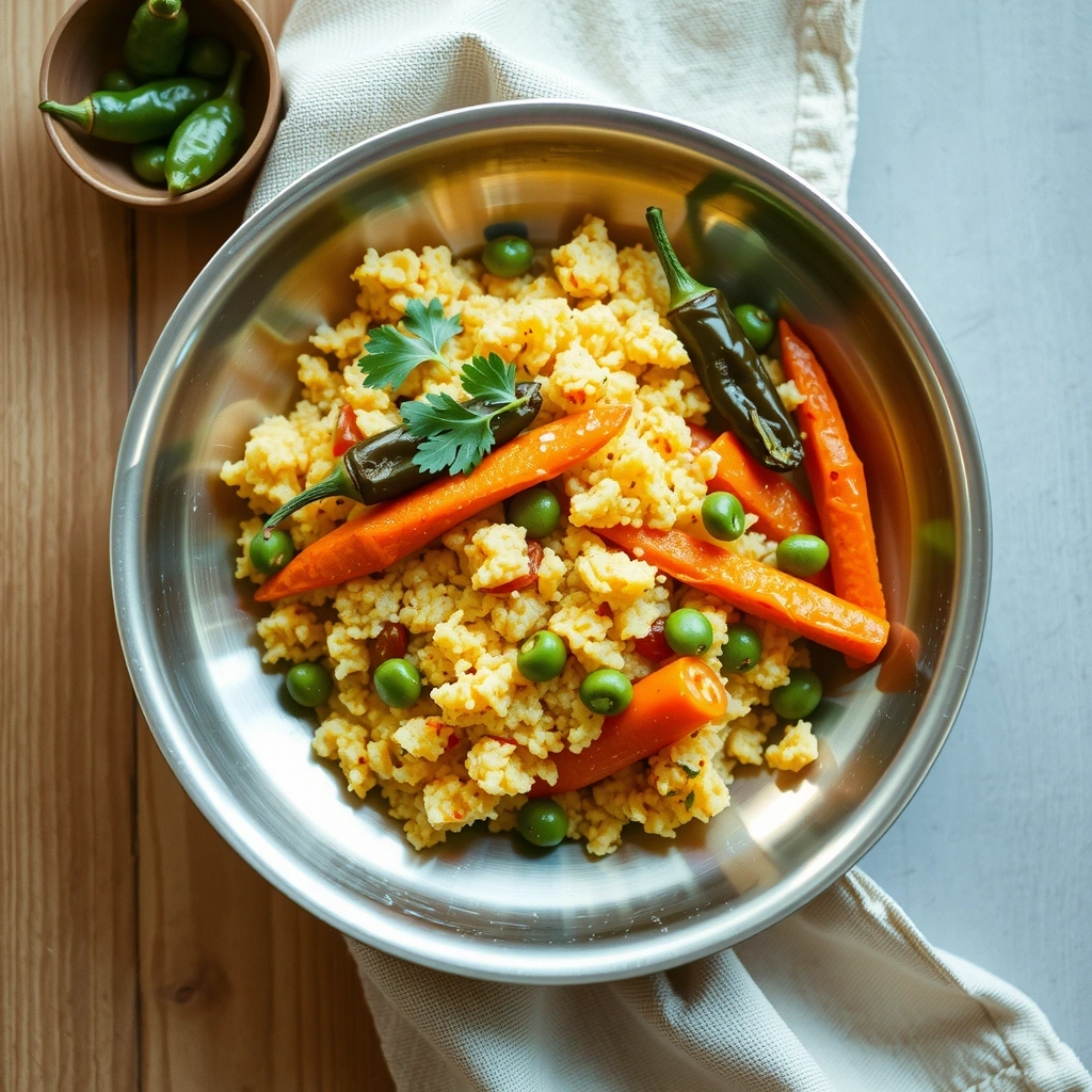 Traditional Indian breakfast withupma with vegetables